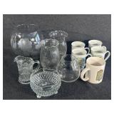 Mugs and Clear Glass Vases, Porcelain Currier &