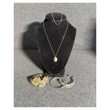 1928 Necklace , Silvertone bangles, Leaf Bangle