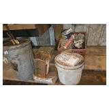 Boxes of nails, pail of bolts and nuts