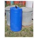 2 Metal Trash Cans, 1 Plastic Barrel