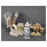 Eagle Clock, Bison Figurine and Avon Stein