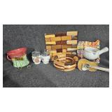 Coffee mug, wooden bowl, pot holder, and more