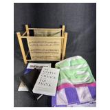 Books, beach towels, magazine holder