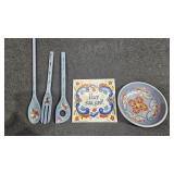 Trivet, decorative bowl and utensils