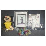 Office supplies, lights, cat picture,