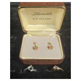 14KT Gold Post Earrings, 10KT Ring, Silver Toned