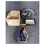 State flags and holder, picture frame, music