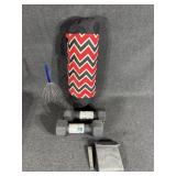 Hand weights, bag holder, head massager, cuticle