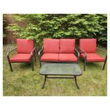 Red / Black Patio Chairs, Dual Seat, Table