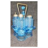 1890 ADAMS CO BLUE EAPG GLASS CASTER SET, CRUET