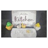 Chicken salt and pepper shakers, kitchen sign,