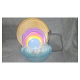 Pyrex bowls, lazy Susan, pot holders