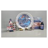 Pepsi bottles, mouse pad, Golf Balls Bank, trucks