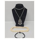 Faux Pearl Necklace, Silver Toned Pendant