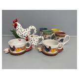 Rooster Coffee cups, Rooster teapot and creamer