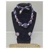 Fabric Beaded Necklace, Gold Toned Chain Necklace