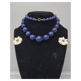 Blue Beaded Necklace with Floral Earrings
