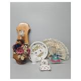 Wooden Sconce, Strawberry Bowl, Fan, Milk Glass