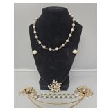 Faux Pearl Necklace and Earrings, Gold Filled Pins
