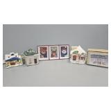 Christmas village pieces, candle holders, tray