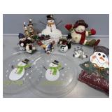 Snowman items, plastic serving plates,