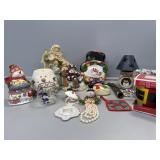 Santa and 2 Angel children, Snowman sledding