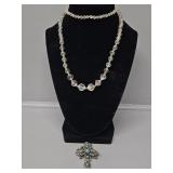Clear Beaded Necklace, Cross Necklace with Blue