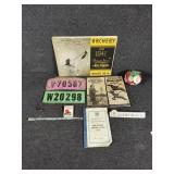 Vintage deer licenses, pins, thermomete, archery
