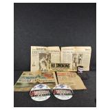 Vintage newspapers, match books, sport pins
