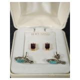 10Kt Gold Post Red Garnet Earrings, .925 Faux