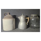 Stoneware jug, glass jar, kettle