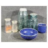 Ball Jars, Enamel Coated Bowl and Mug