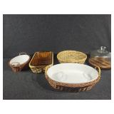 Baking Dishes Inside Wicker Baskets, Teak Board