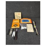 Coasters, pocket compass, golf tees, vintage d