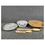 Enamel Coated Bowl, Wooden Bowl and Utensils