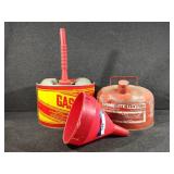 Metal 2 1/2 gallon gas cans (2), and funnel