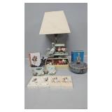 Lamp,pins,playing cards new, candle holders