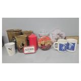 Candy dish, tins, Morton Salt coffee cups, candle