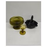 Black Fenton Basket, Green Pedestal Dish