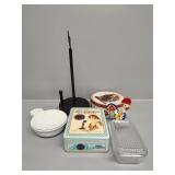 Tins, Paper Towel, Glass Butter Dish