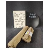 Burlap Rolls, Wooden Sign,