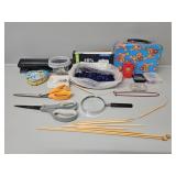 Blue Beads, Pins, Scissors, Metal Lunch Pail w