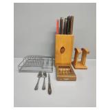 Knife with Block, Sliverwear Holder, Napkin Holder
