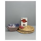 Woven placemats (4), Plastic flower table cloth,