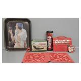 Coca-Cola lunch box, bowls holders, pins, bottle