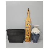 Blue Stoneware Vase, Wooden Wall Art, Long Vase