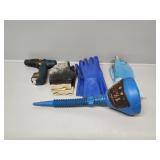 Ryobi Drill, Funnel, Gloves, Steel Wheel Brush