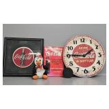 Coca-Cola clock, cook book, needlepoint, stuffed
