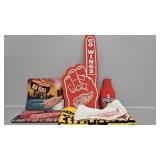 Detroit Redwings foam finger, mouse pads, bottle