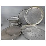 Lot of Aluminum pie pans, Pizza pans, Strainers
